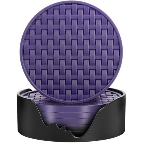 Purple Silicone Coasters with Holder, 4 Inch Non-Slip Decorative Weave Purple
