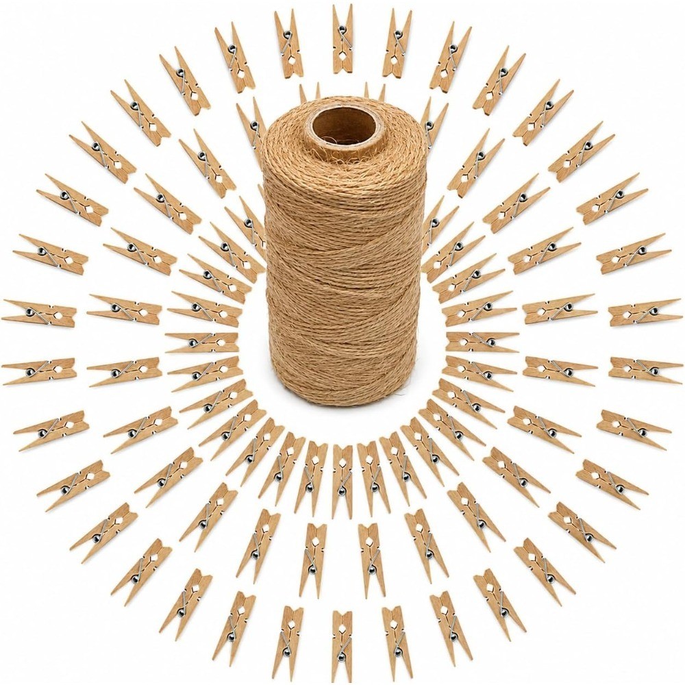 100Pcs Clothespins with String, 1.4Inch Mini Wooden Clothes Pins with 328Ft