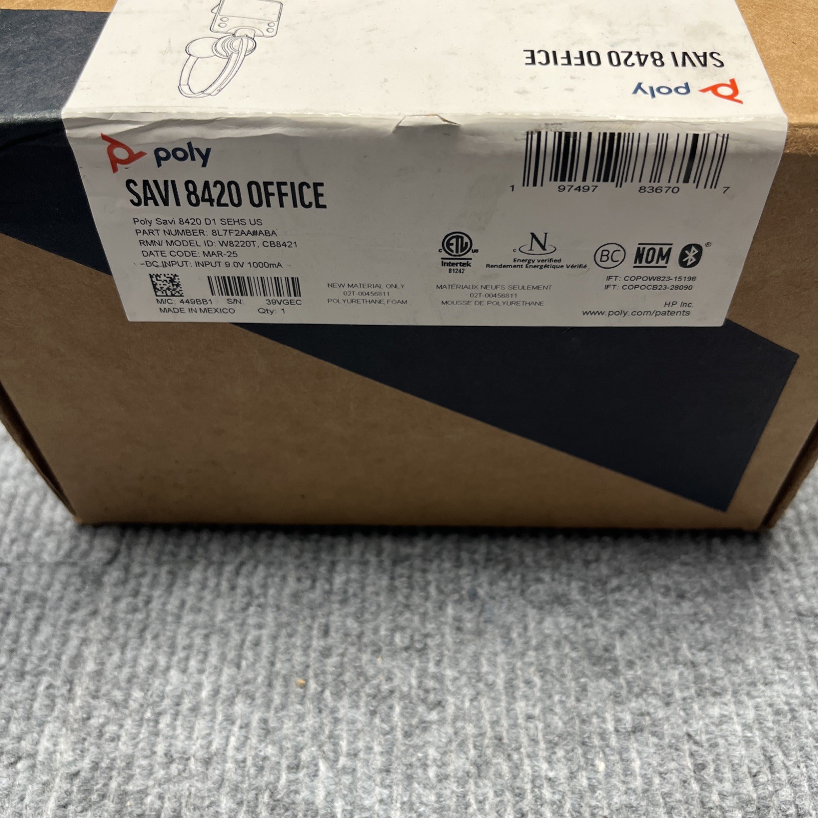 Poly Savi 8420 D1 SEHS Office Wireless DECT Stereo Headset 8L7F2AA#ABA - Black