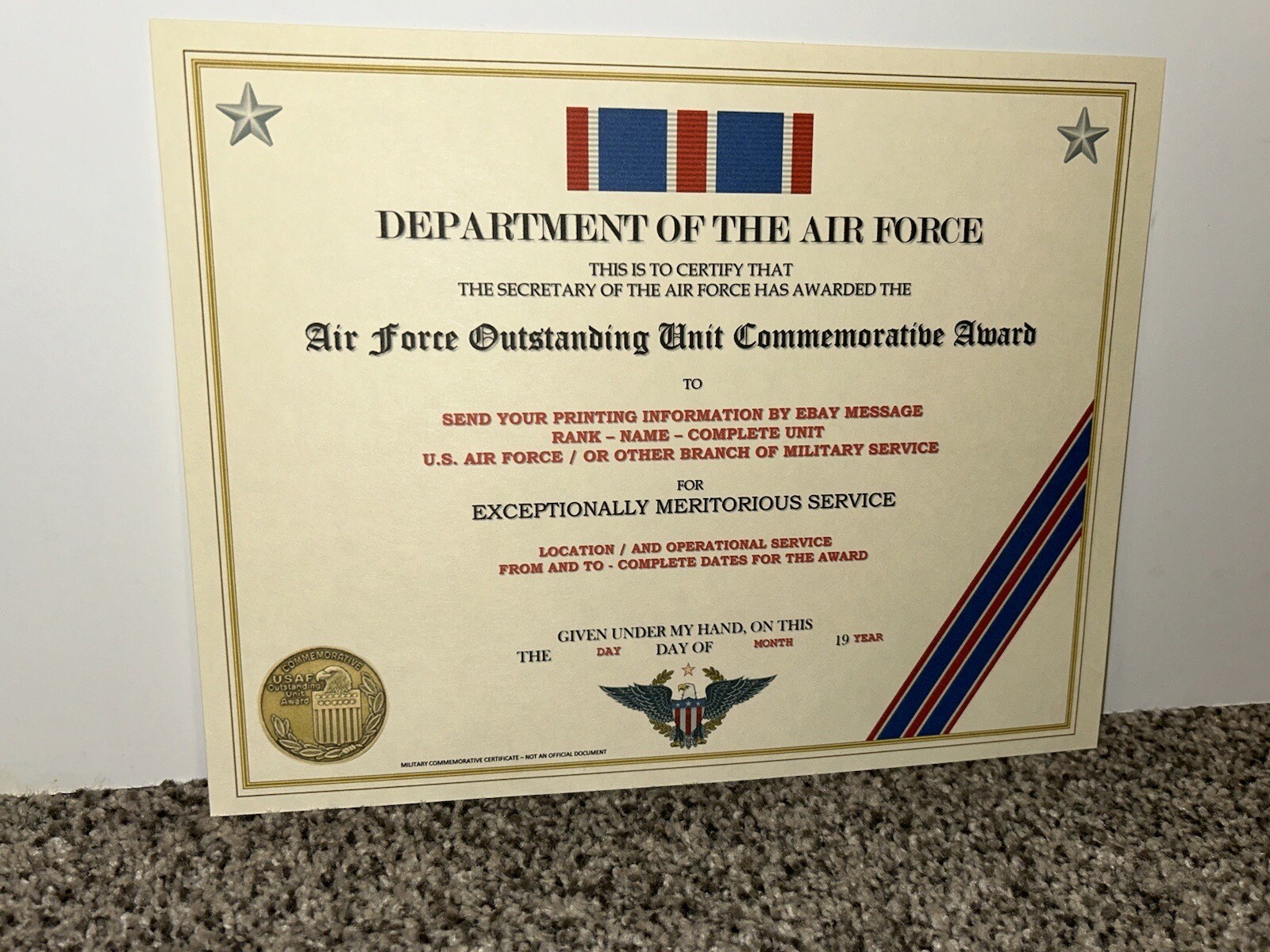 AIR FORCE OUTSTANDING UNIT COMMEMORATIVE AWARD CERTIFICATE~W/PRINTING T-1