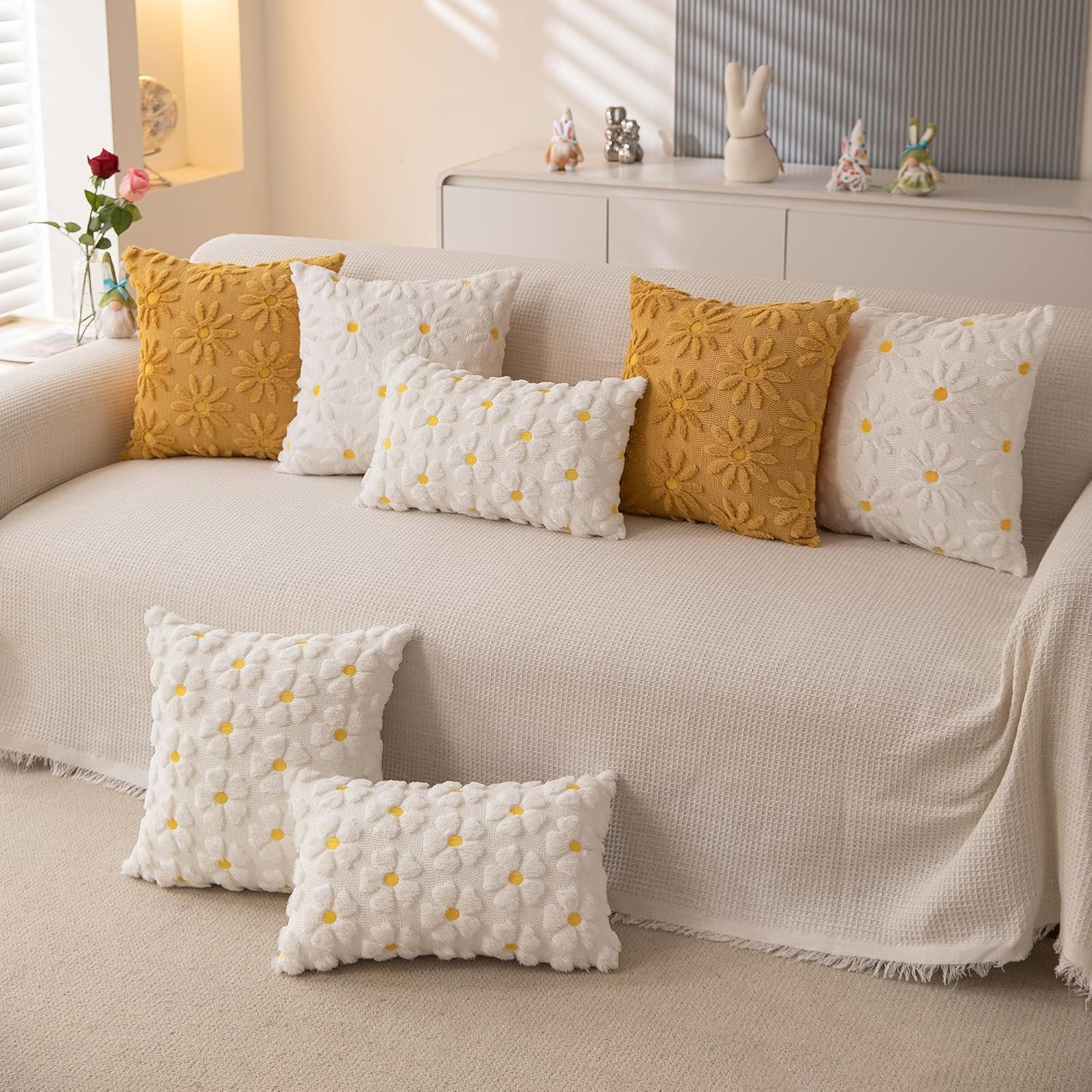 Spring Summer Pillow Covers 18X18 Inch Set of 2 White Daisy Flower Outdoor Farmh