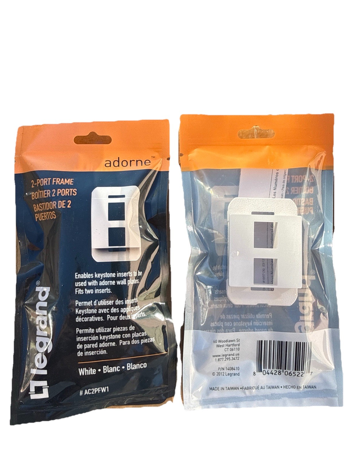 Legrand Adorne AC2PFW1 2-Port Frame – White – Keystone Insert Adapter – NEW