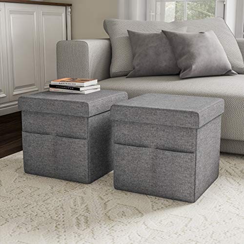 Set of 2 Ottomans with Storage Pockets - 15-Inch Folding Foot Charcoal Gray