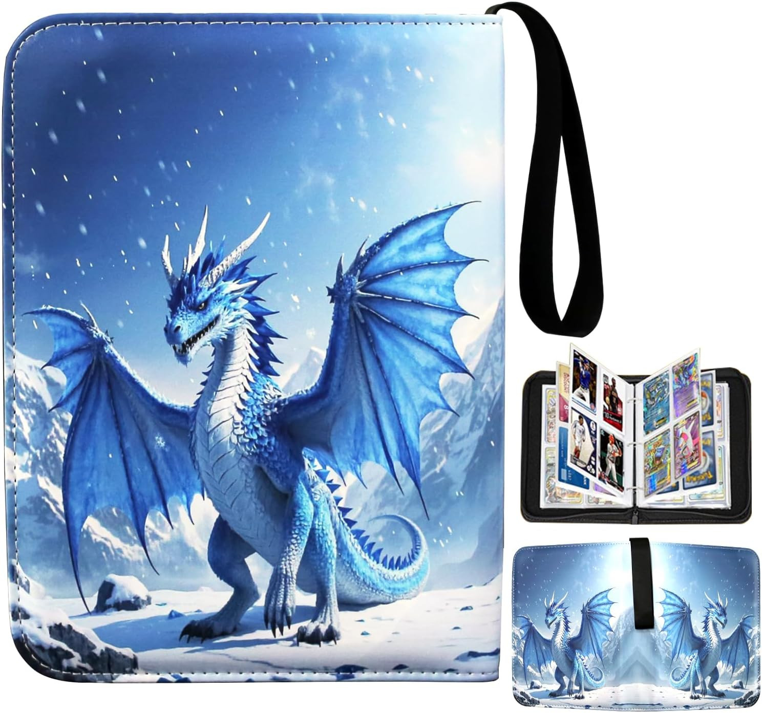 Deluxe Blue Dragon Trading Card Binder – 4-Pocket Zipper Album Holds 400 Cards,