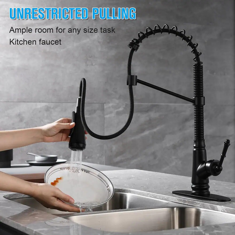 ​ELLO&ALLO EKF-BR-816 Pull Down Sprayer Kitchen Faucet/Deckplate Matte Black