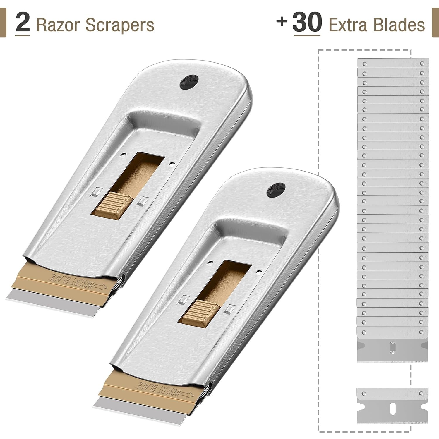 Metal Razor Blade Scraper, 2 Pack, 30 Extra Blades, Scraper for Cleaning, Glass