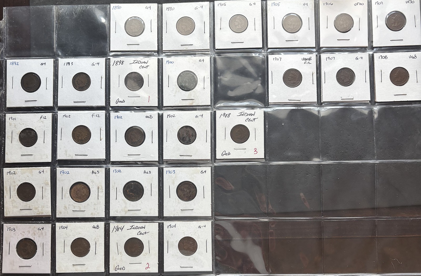 Indian Head Cents - Sampling shown - 1883-1908, Lots of 5, various dates/grades