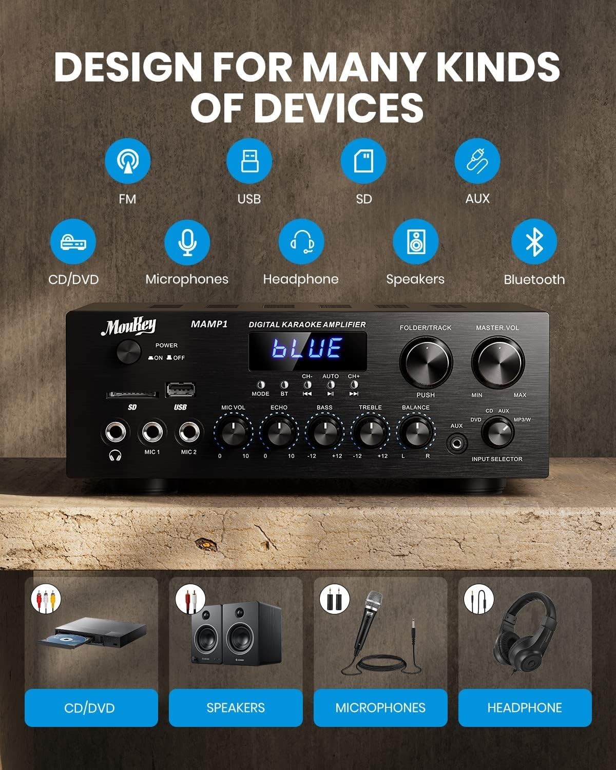 Compact 2.0 Channel Bluetooth Audio Amplifier & Karaoke System with LED Display