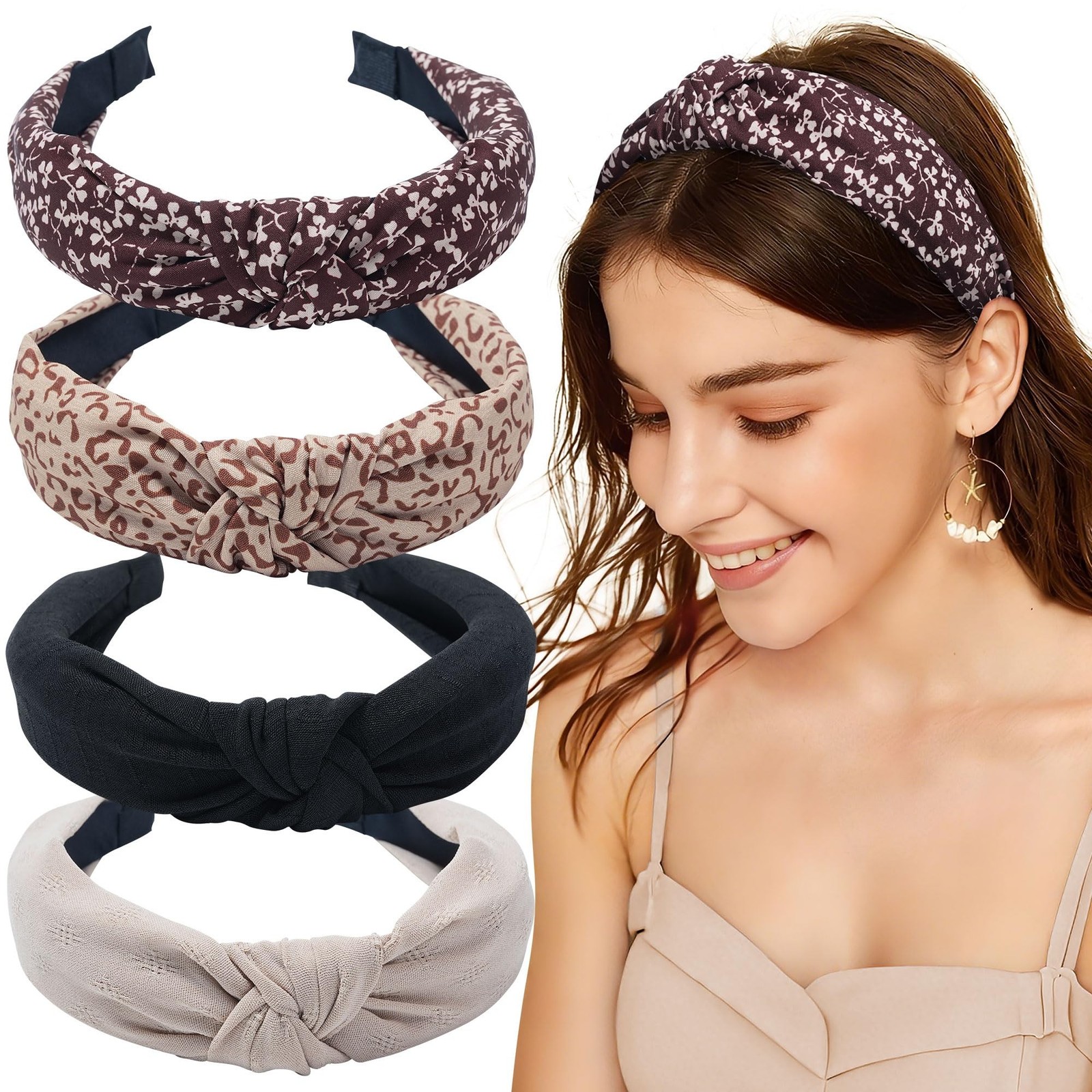 Mesovor 4 Pack Knotted Headbands for Women, Non-Slip Top Knot Wide Turban Hea...