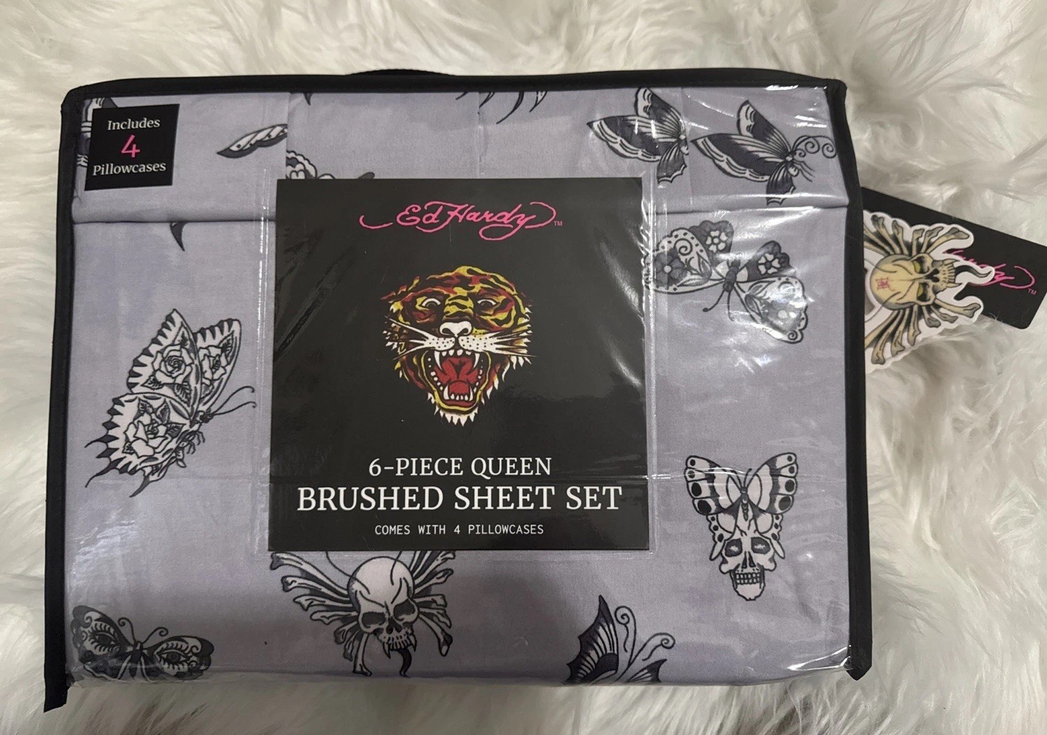 Ed Hardy Sheet Set Queen Gray Skull Butterfly Tattoo Gothic Bedding 6pc New