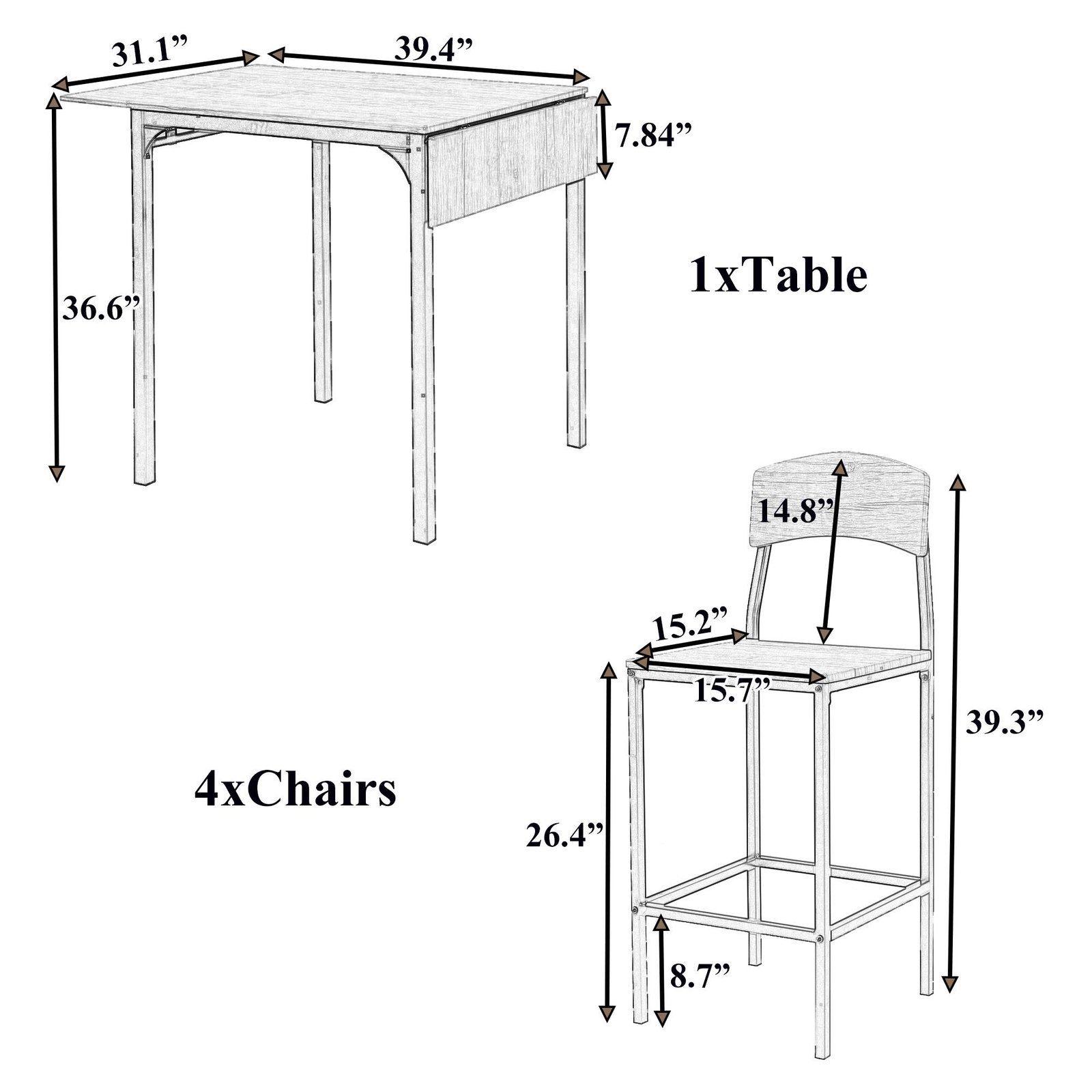 1 Table+4 Chairs White Frame Rustic Brown Tabletop Drop Leaf Dining Table Set