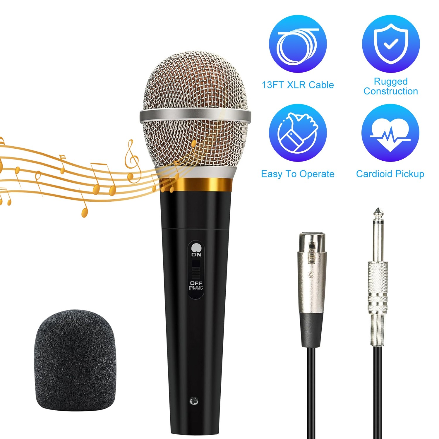 Handheld Dynamic Microphone With On/Off Switch 13ft Detachable XLR Cable