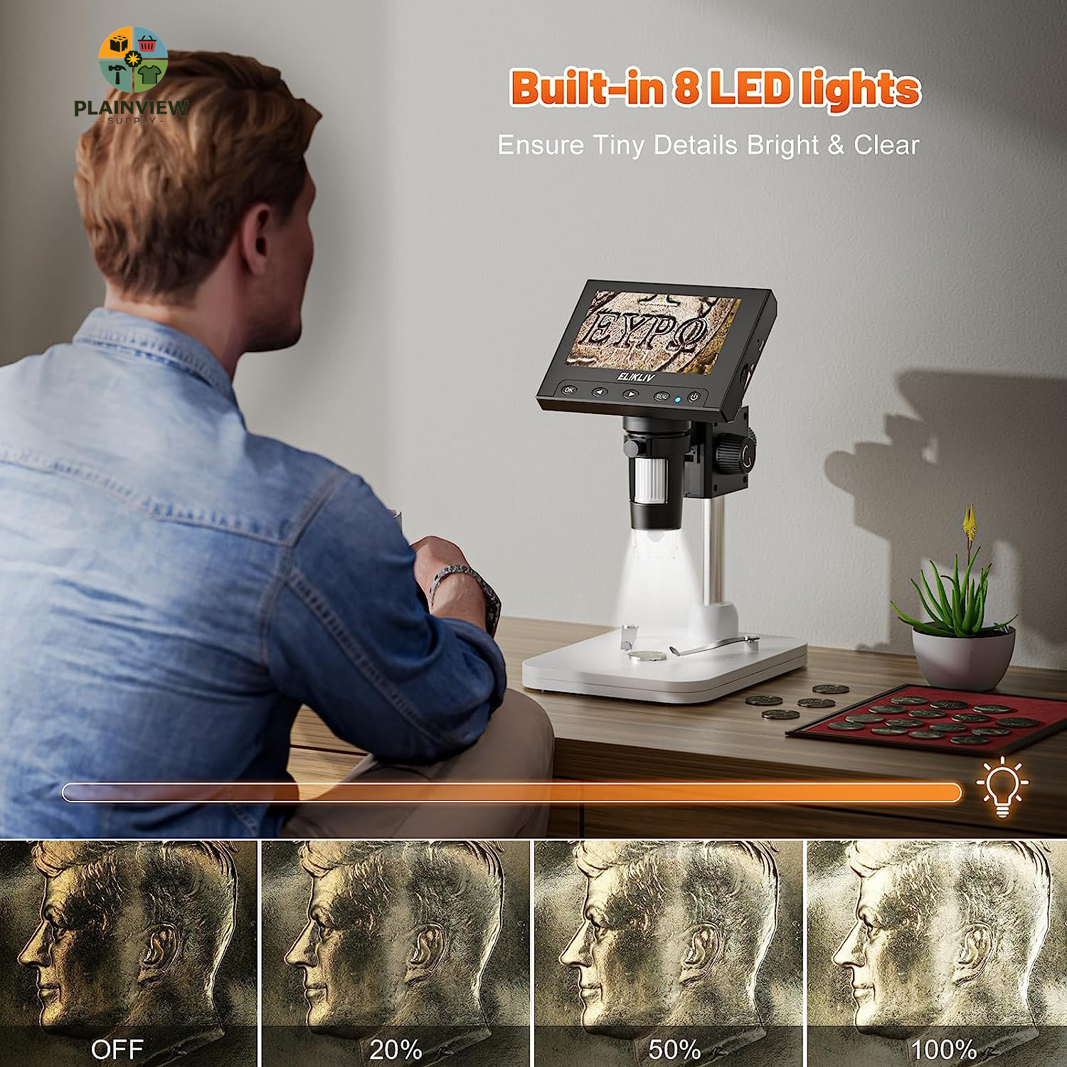Microscope, LCD Digital Coin Microscope 1000X, Coin Magnifier with 8 Adjustable