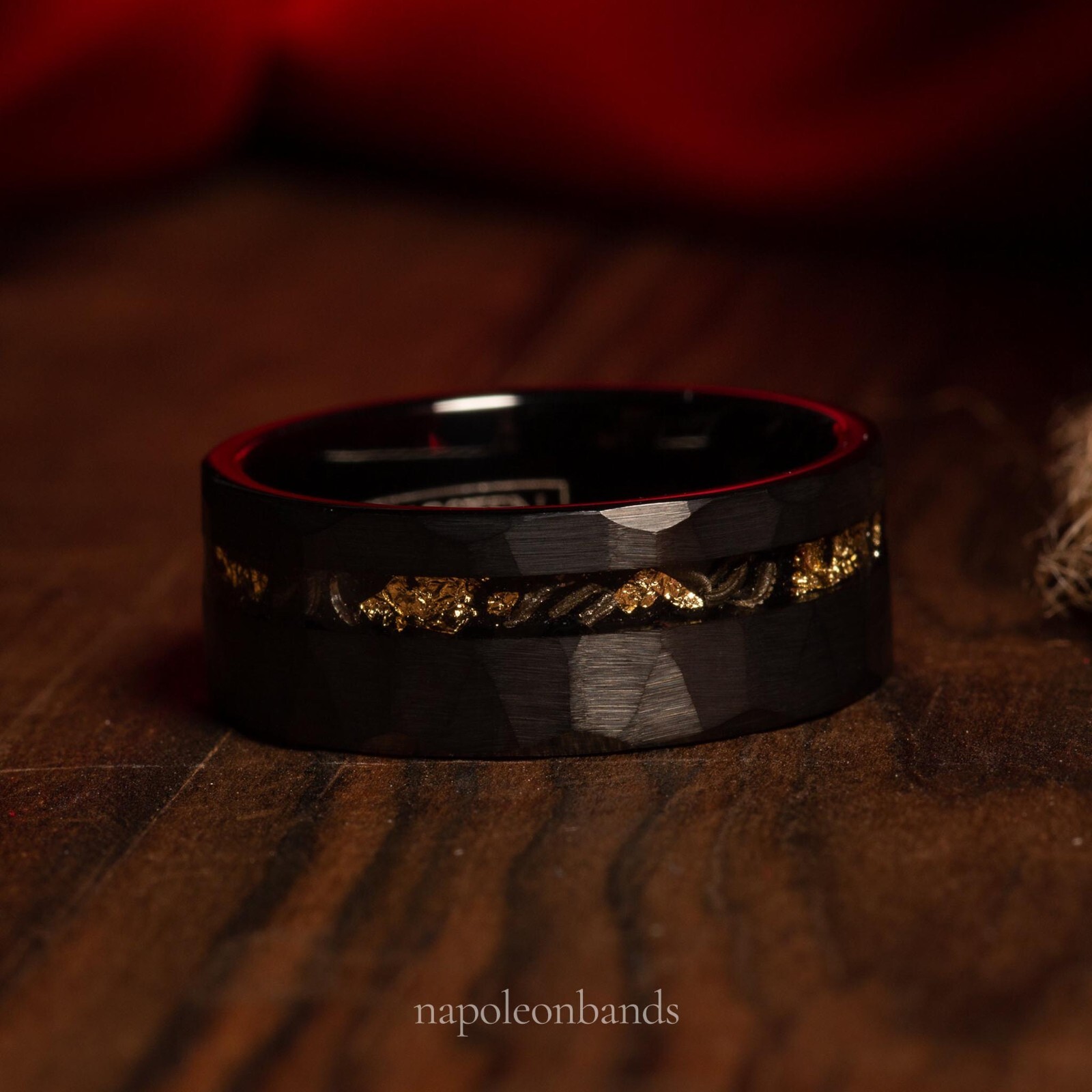 Meteorite Black Faceted & 24K Gold Leaf Tungsten Men's Band Ring, Comfort Fit