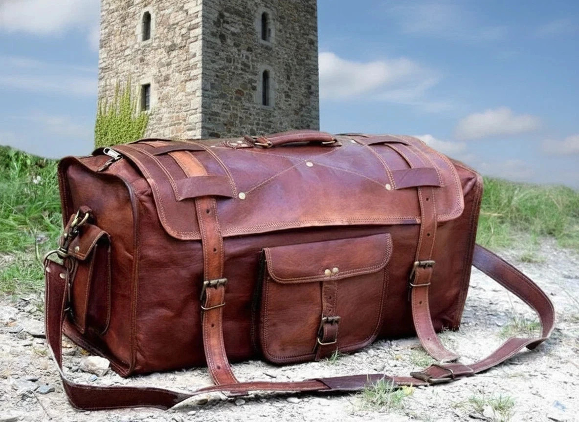 30" Travel Luggage Handmade Vintage Goat Leather Duffel Brown Weekend Gym Bag