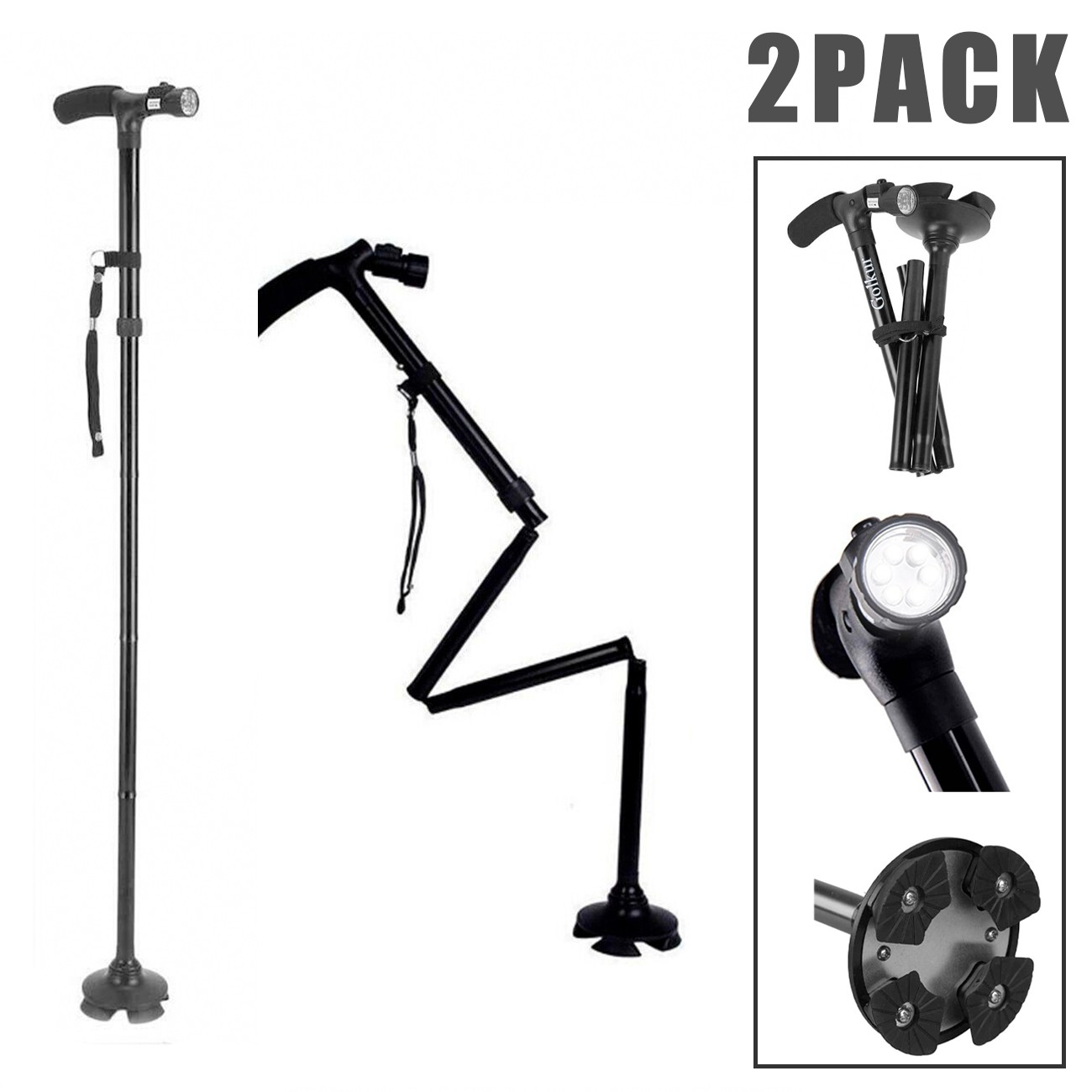 2 Pack LED Walking Stick Cane All Terrain Pivoting Base Folding Travel Cane