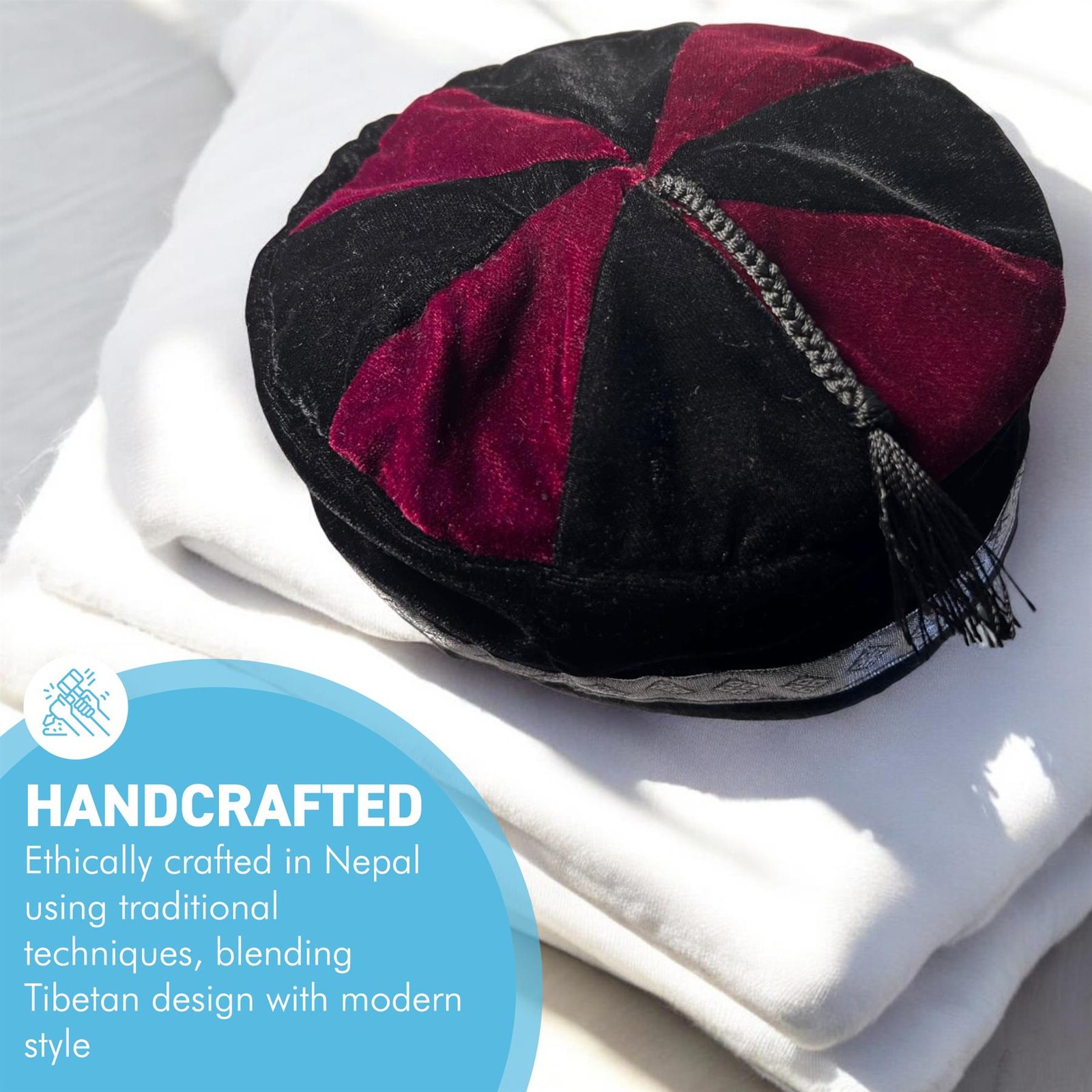 Size 59cm, large, Handmade Nepalese Burgundy Red and Black velvet Smoking Cap