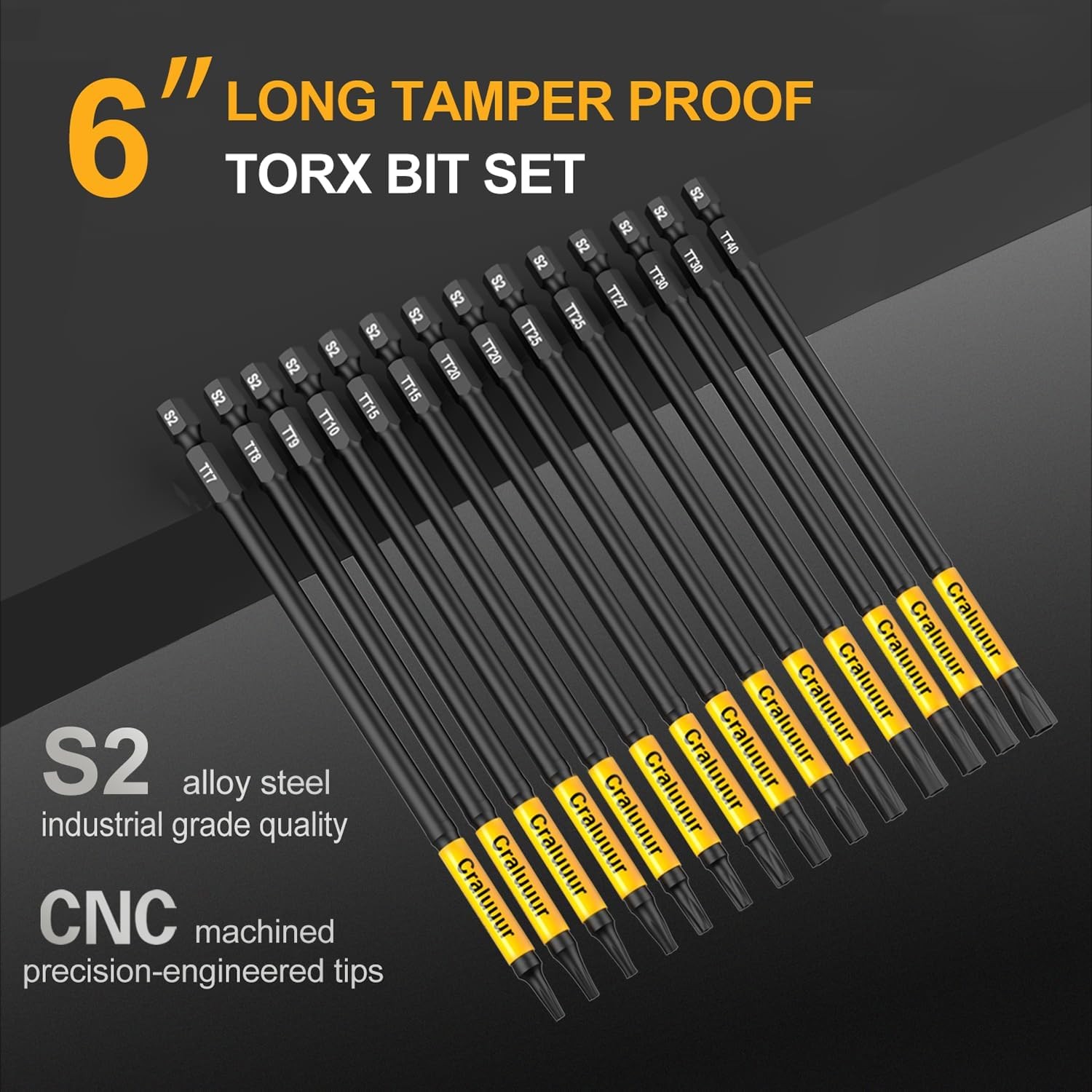 14PCS Impact Long Torx Bit Set 6 Inch T7–T40 Tamper Proof Star Bits Set Magnetic