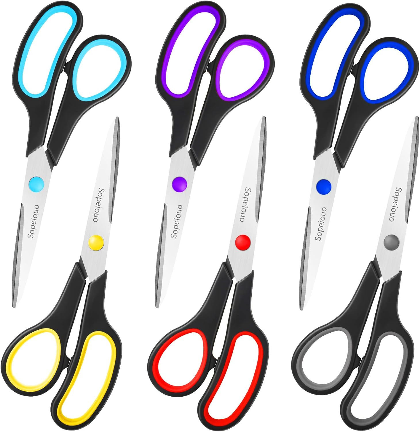 6 Pcs 8” Scissors, Sharp Stainless Steel Comfort Grip for Everyday Use | Right/L