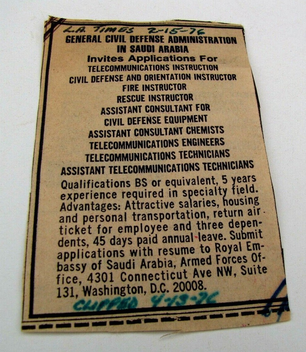 RARE Los Angeles Times Ad Ephemera Civil Defense Admin Job Ad Saudi Arabia 1976
