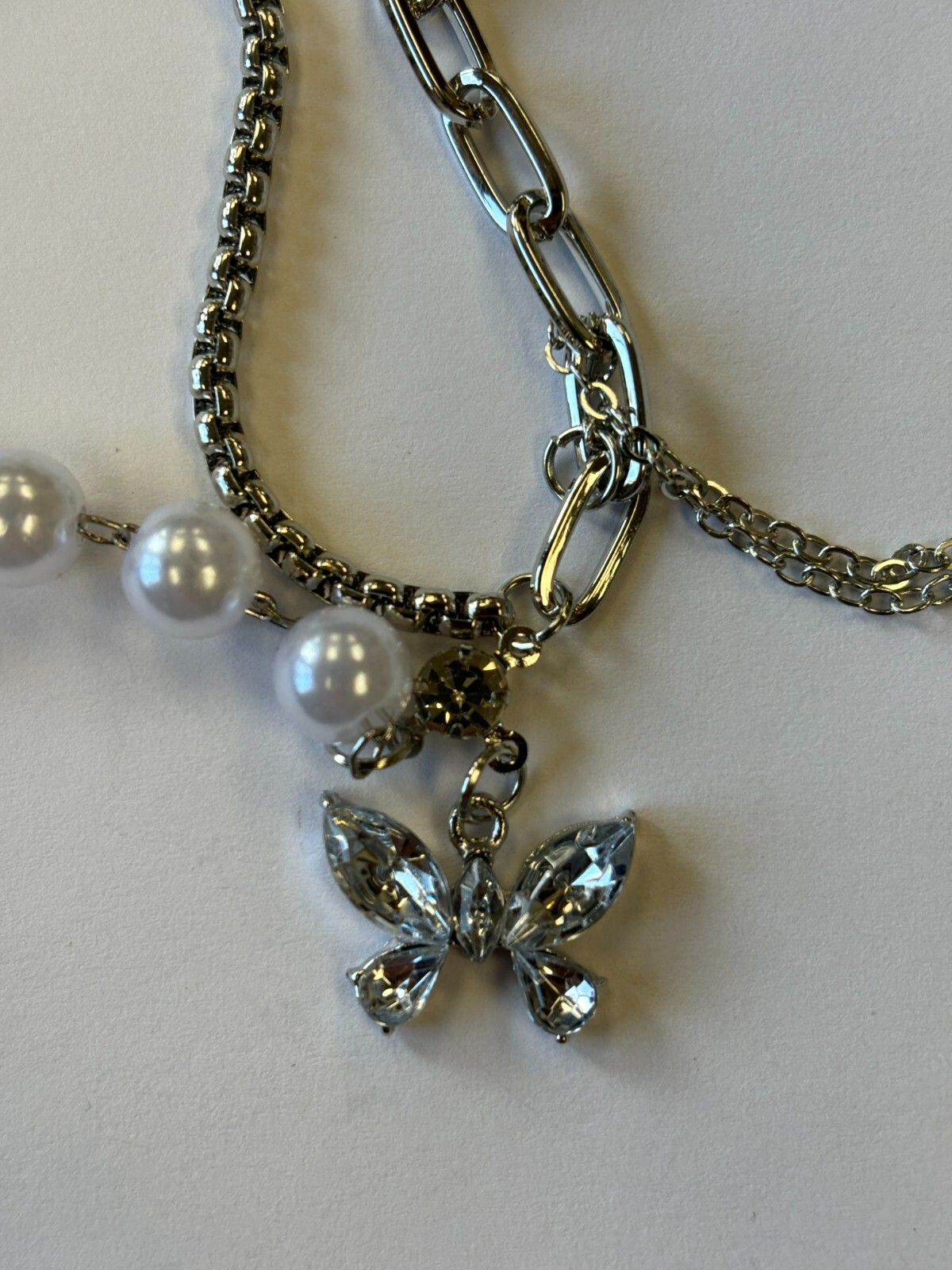 Dual Chain Pearl Enchanted Glass Butterfly