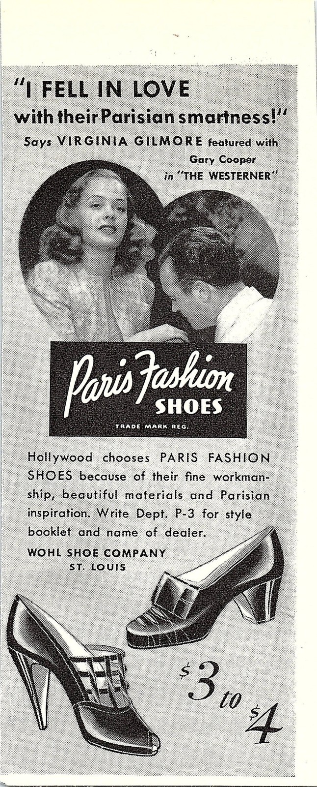 Vintage 1940 Print Ad Paris Fashion Shoes Footwear Virginia Gilmore 5 7/8x2 1/3"