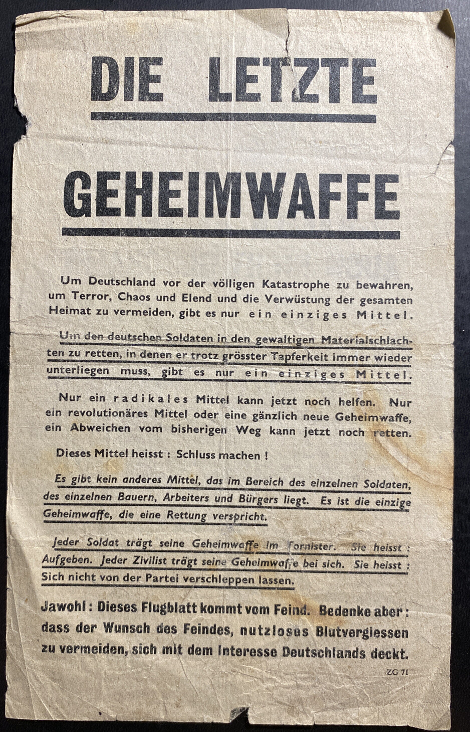 Original USA WW 2 Leaflet Dropped on German Troops The Last Secret Weapon