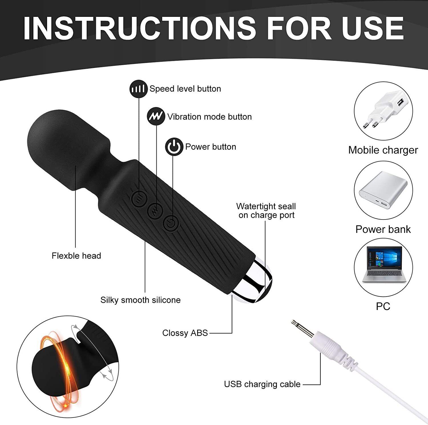 Handheld Massager Vibrator 3 colors Rechargeable 20 Speed Wand Vibrating Massage