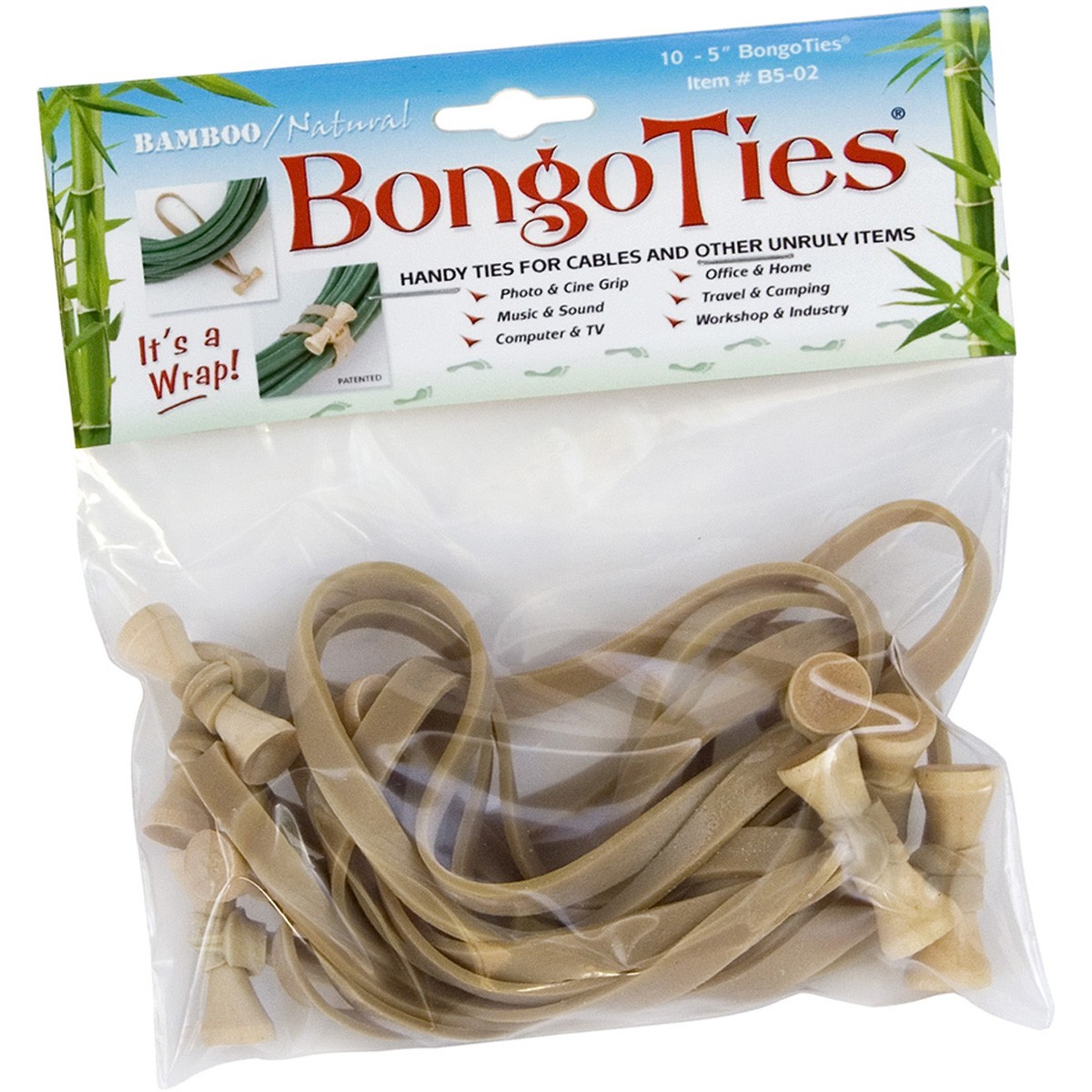 BongoTies All Natural Reusable Cable Tie Wraps - 10-Pack - Natural