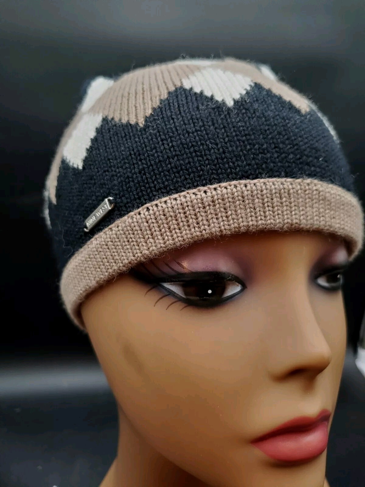 Nine West Argyle Tuque Knit Cap Hat Wool Blend One Size