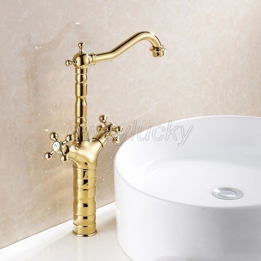 Gold Polished Brass Double Cross Handle Bathroom Sink Mixer Tap Faucet wsf094
