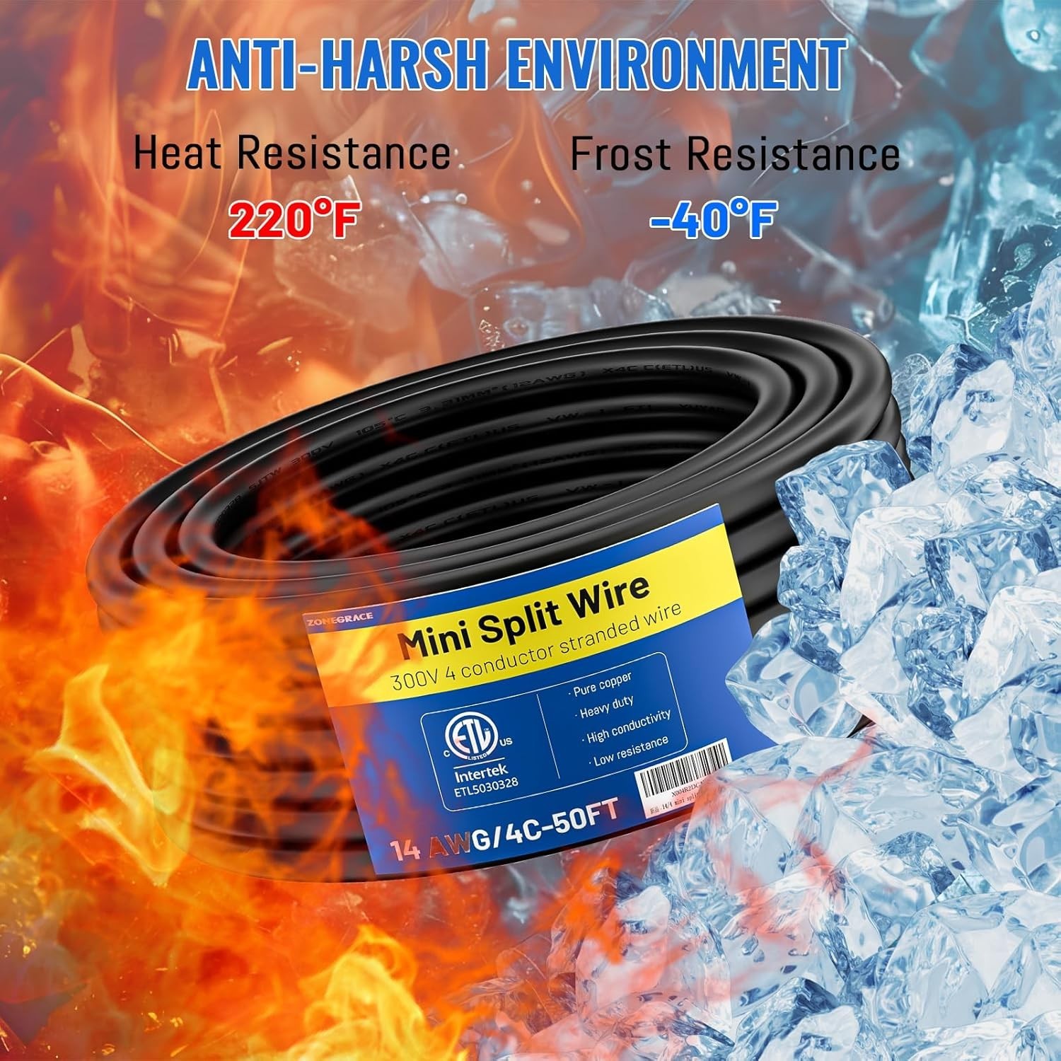 14/4 Mini Split Cable 200FT, 14 AWG 4 Conductor Control Stranded Pure Copper ETL