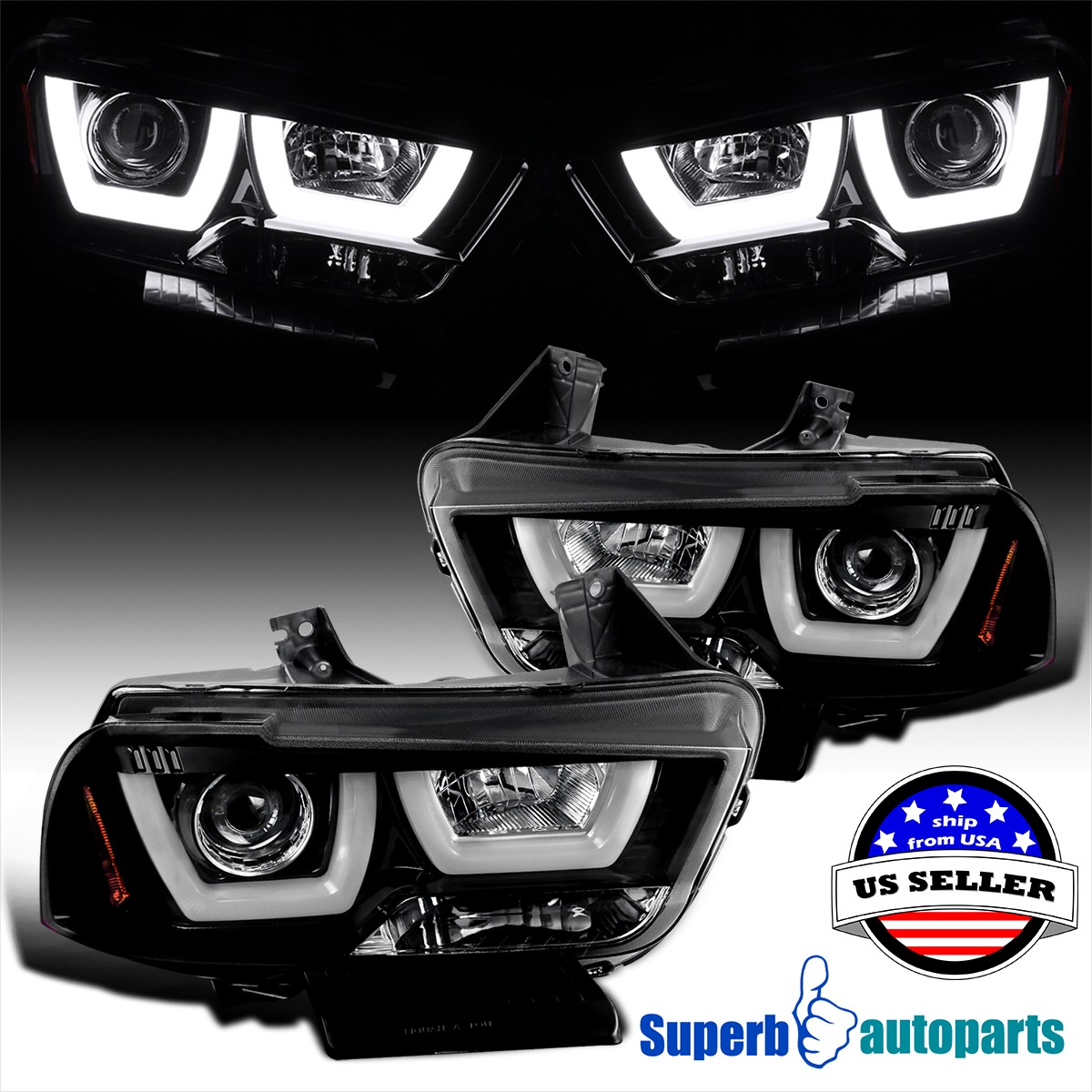 Fits 2011-2014 Dodge Charger Polished Black LED Dual Halo Projector Headlights