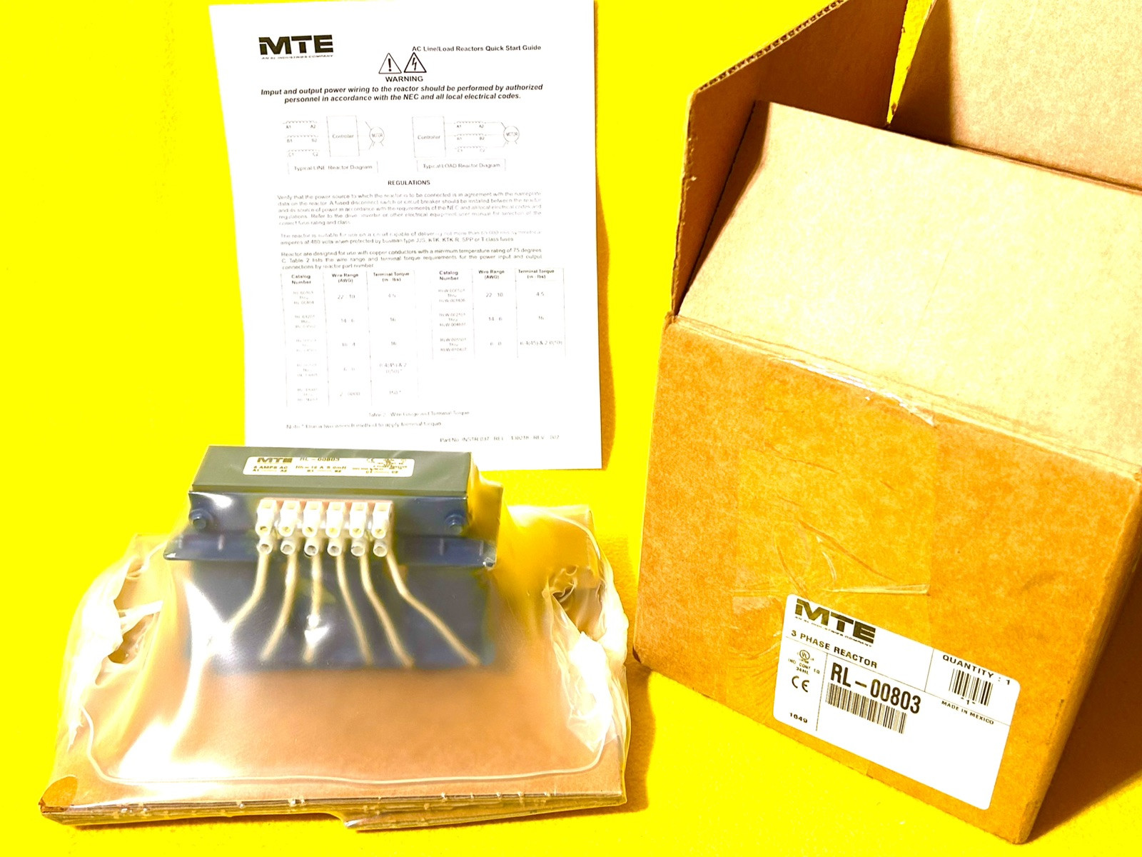 MTE 3 PHASE REACTOR RL-00803  5.00mH 8 AMPS 600 VAC 50/60 Hz ( BRAND NEW )