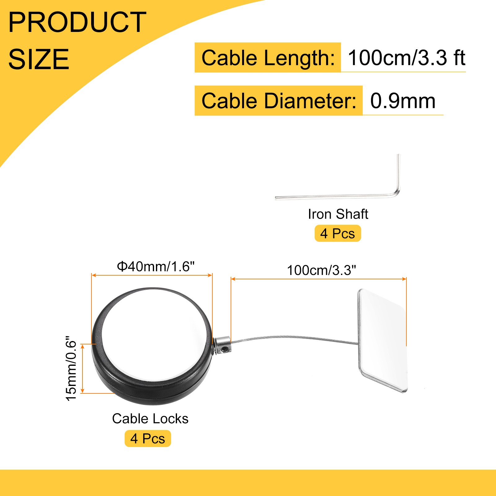 3.3ft Retractable Cable Security Lock with Square Patch Wrench 150 g Black,4Set