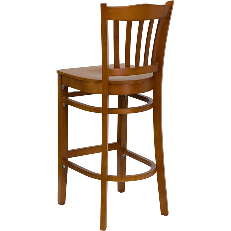 Cherry Wood Finished Vertical Slat Back Restaurant Bar Stool with Wood Seat