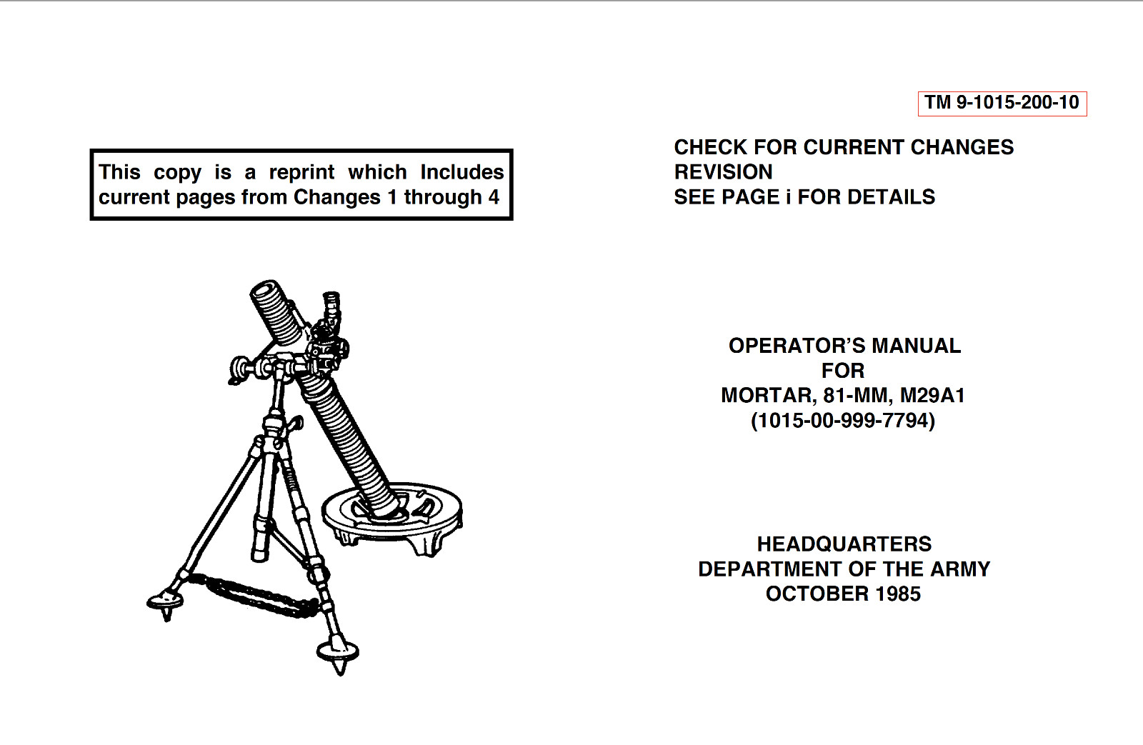 265 Page 1985 1996 MORTAR, 81-MM, M29A1 Operator Technical Manual on CD