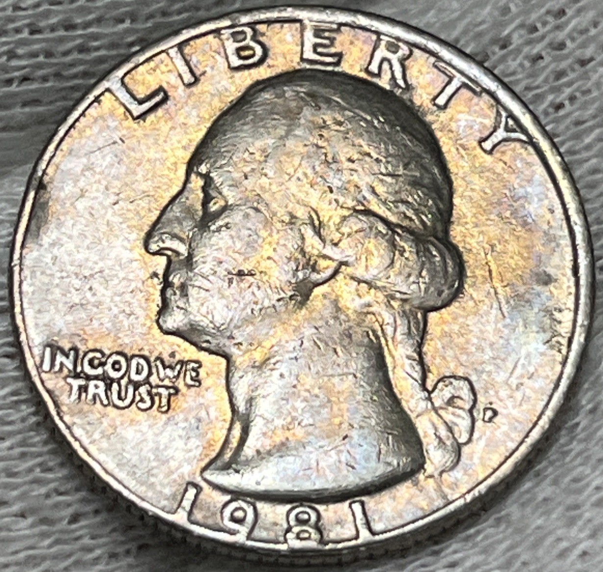 1981 P Washington Quarter Errors DDR Strike Through Grease Rainbow Toning