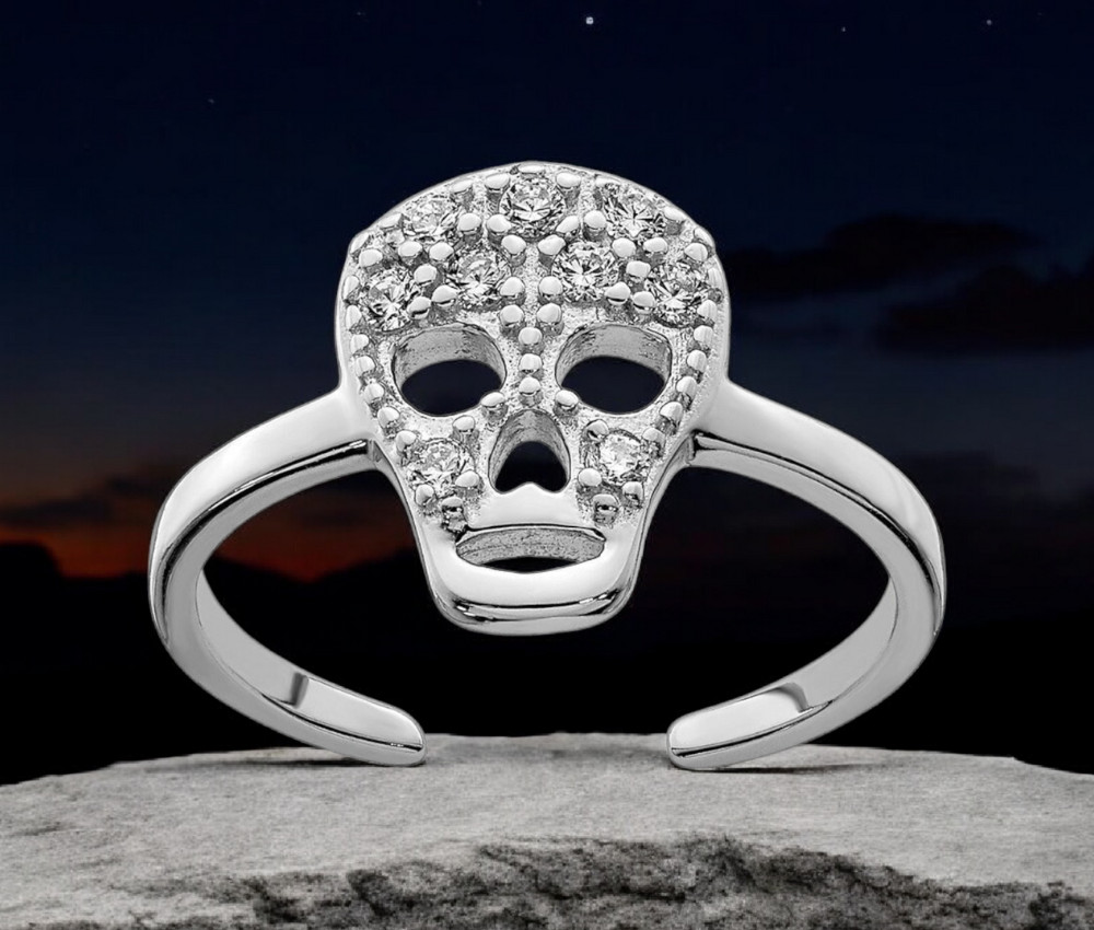 925 Sterling Silver Polished CZ Cubic Zirconia Skull Toe Ring - Adjustable toe