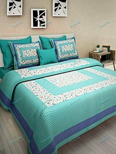 90x100 Queen Yellow Jaipuri Bed Sheet With 2 Pillow Cover Printed Cotton Double