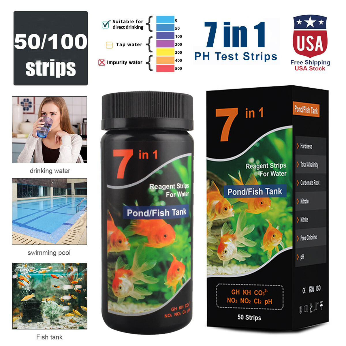 100/50x Pond Test Strips 7in1 Water Testing Kit for Freshwater Aquarium FishTank