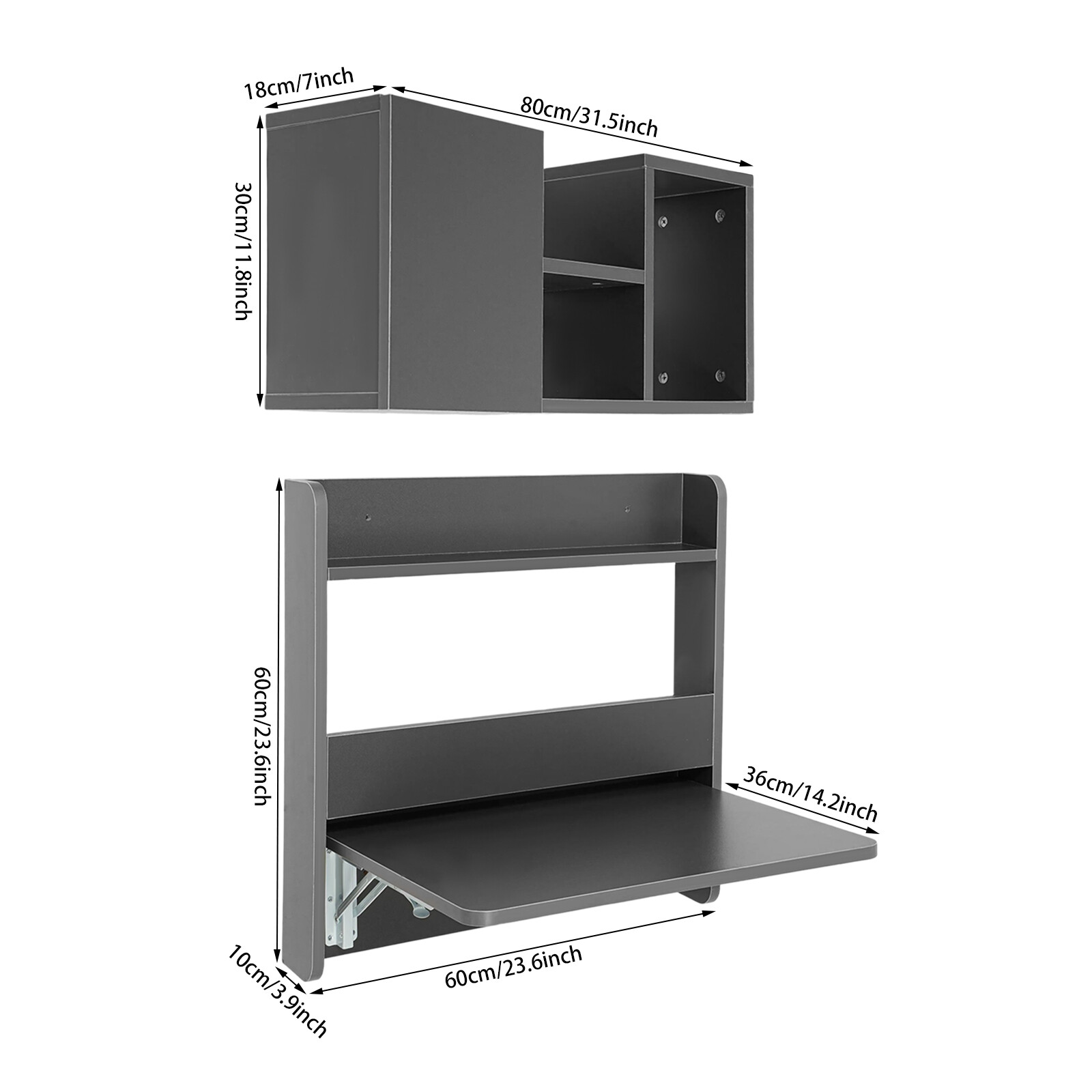 Folding Space Saving Wall Mounted Bookshelf Grey Down Laptop Desk Workstation