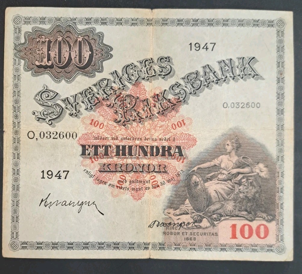 1947 Sweden 100 Kronor P36ac, O,032600.