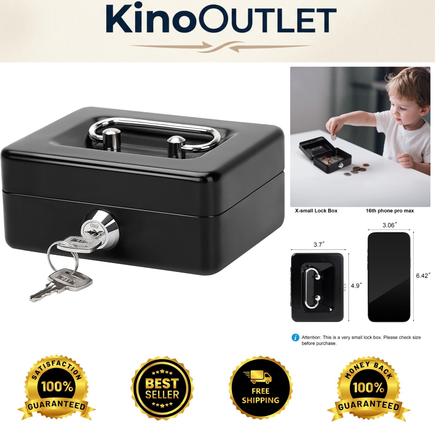 Portable Black Cash Box with Key Lock - Ideal for Personal Items & Savings