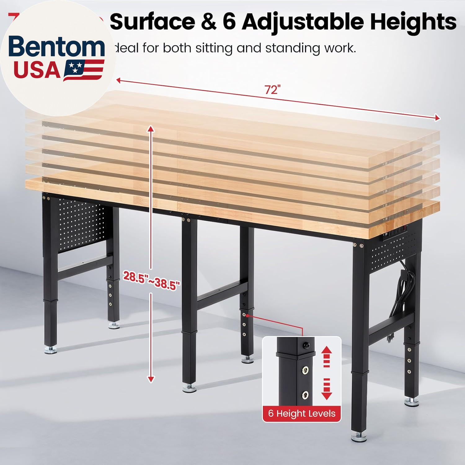 Workbench 72 X 24 Inch Heavy Duty Adjustable Height Work Table with Power Outlet