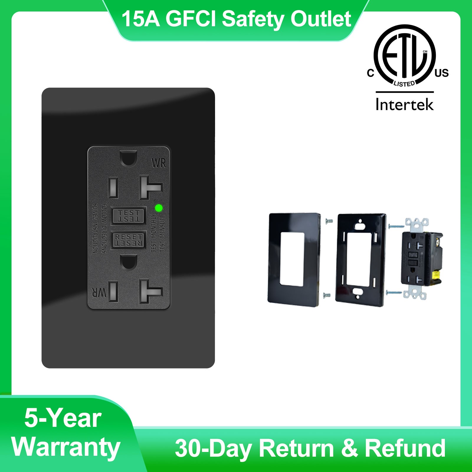 Black GFI GFCI Outlet 20 Amp Safety Receptacle Plug Tamper Resistant TR WR Plate
