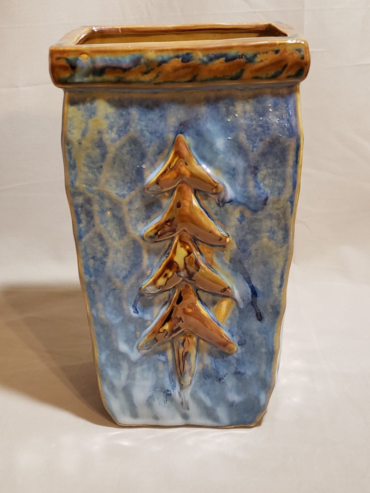 Pier 1 Imports Planter Vase Indoor Ceramic Blue with Tree on Front