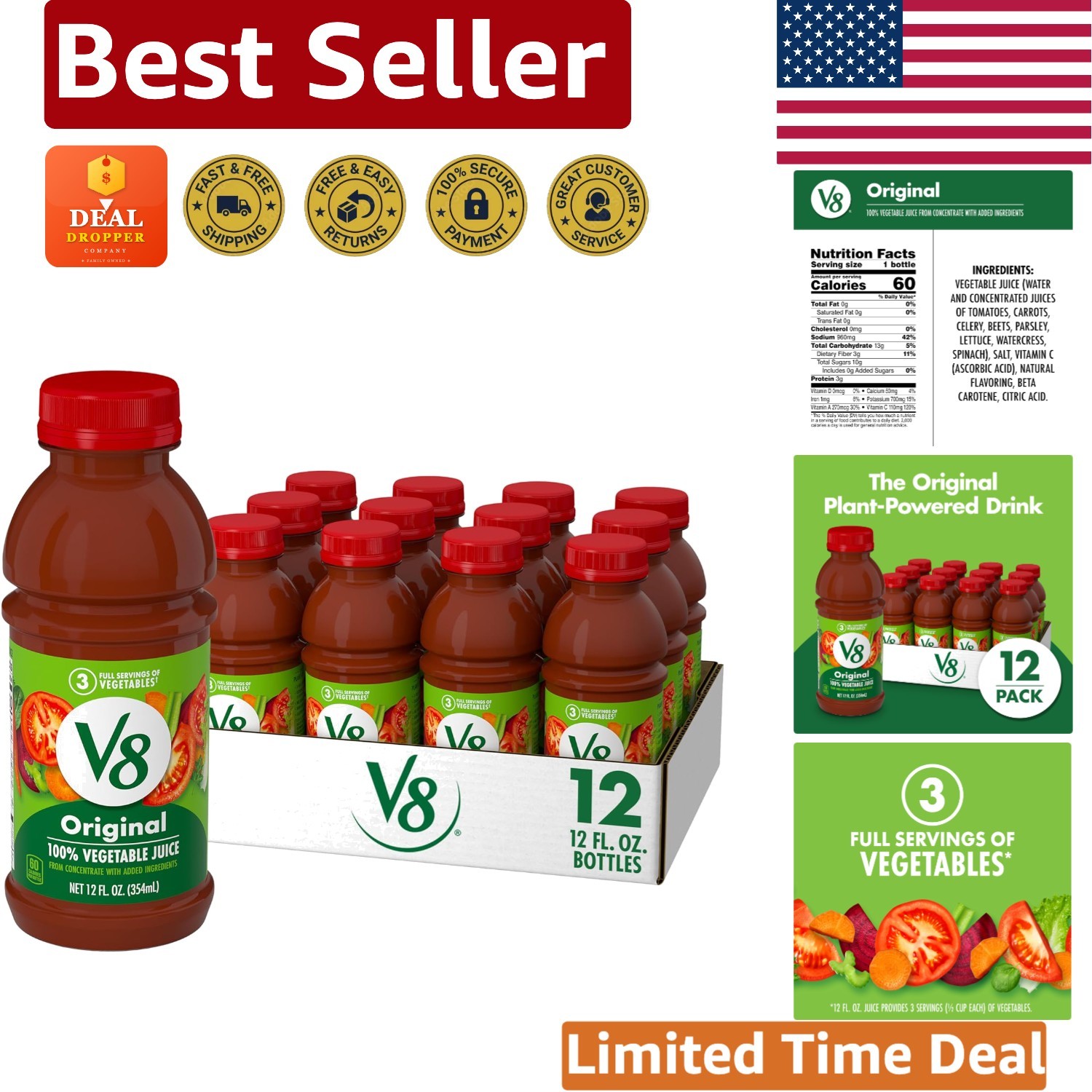 Convenient 12 Pack of  100% Vegetable Juice - Gluten Free, Delicious