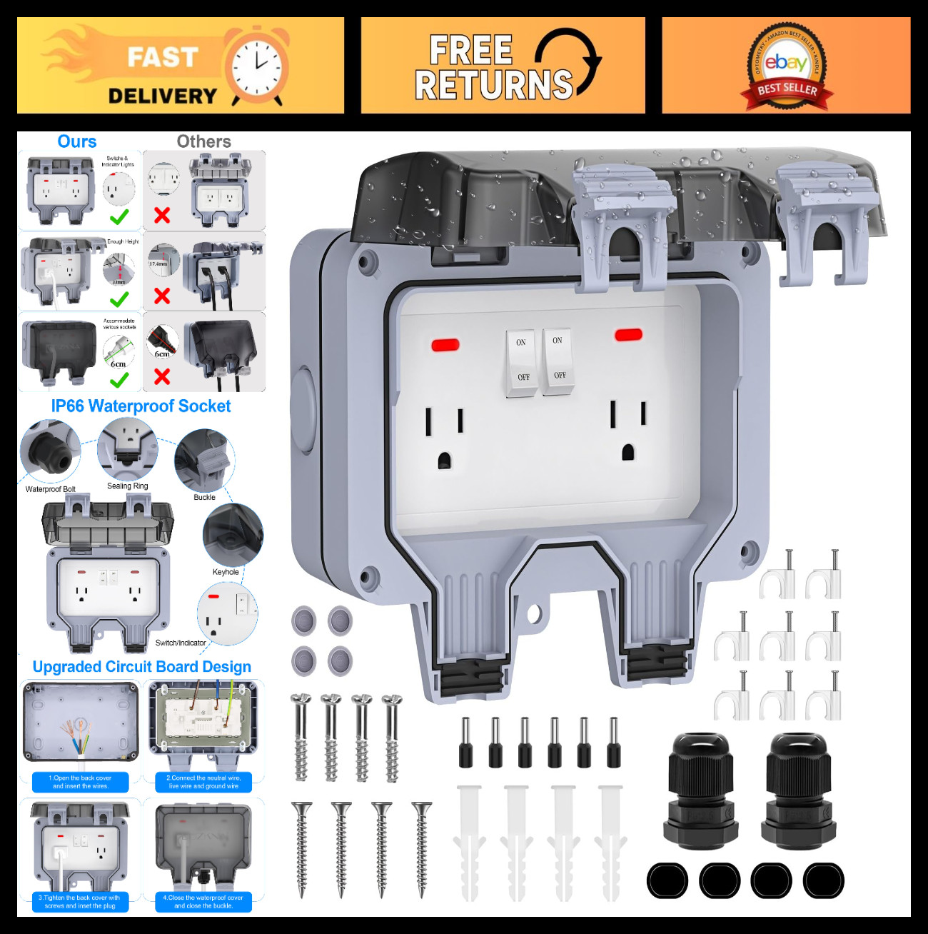 Weatherproof Double Outdoor Outlet with Cover - IP66 Waterproof Plug Socket for