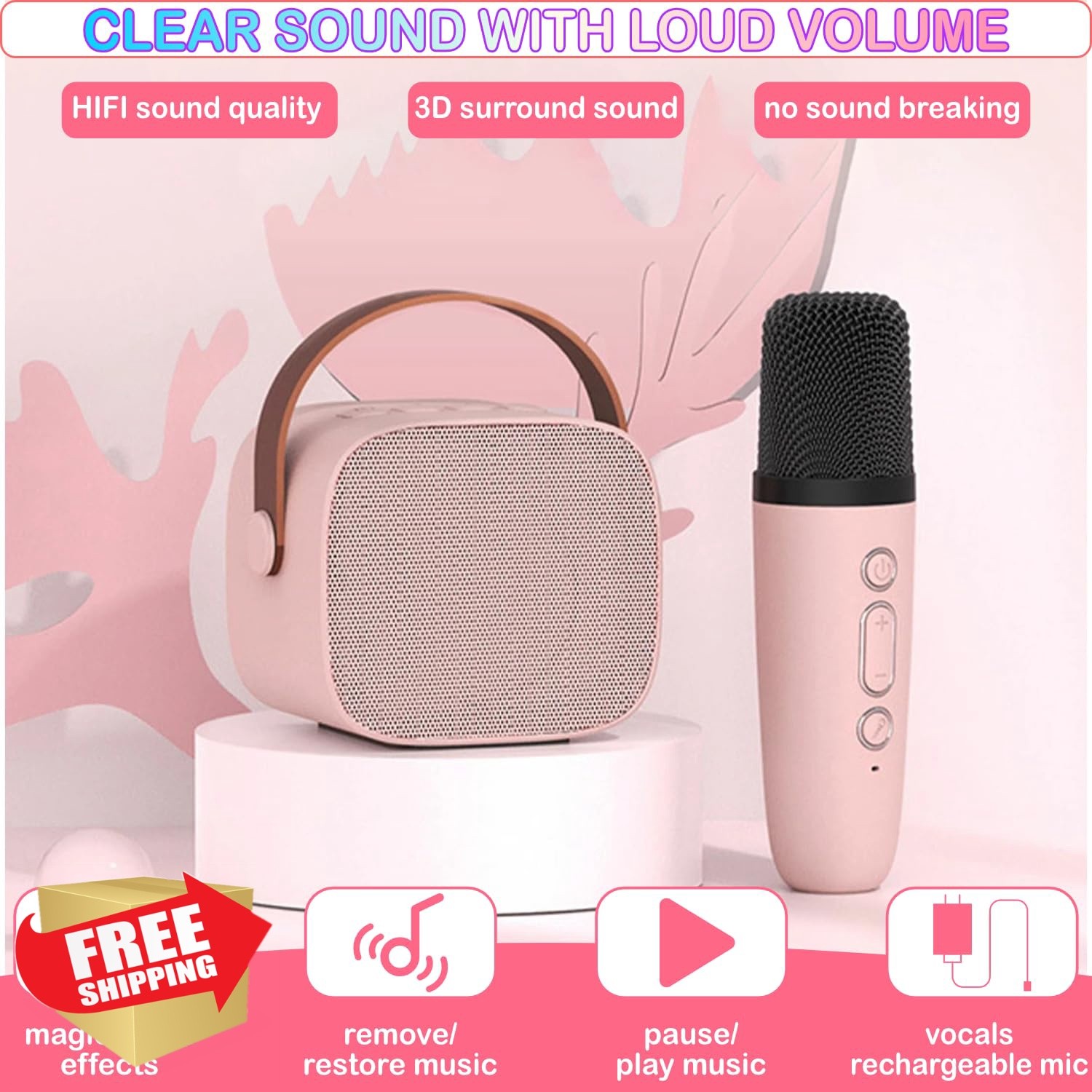 Darkant K1-2MIC-PINK Karaoke Machine 2 Mics LED